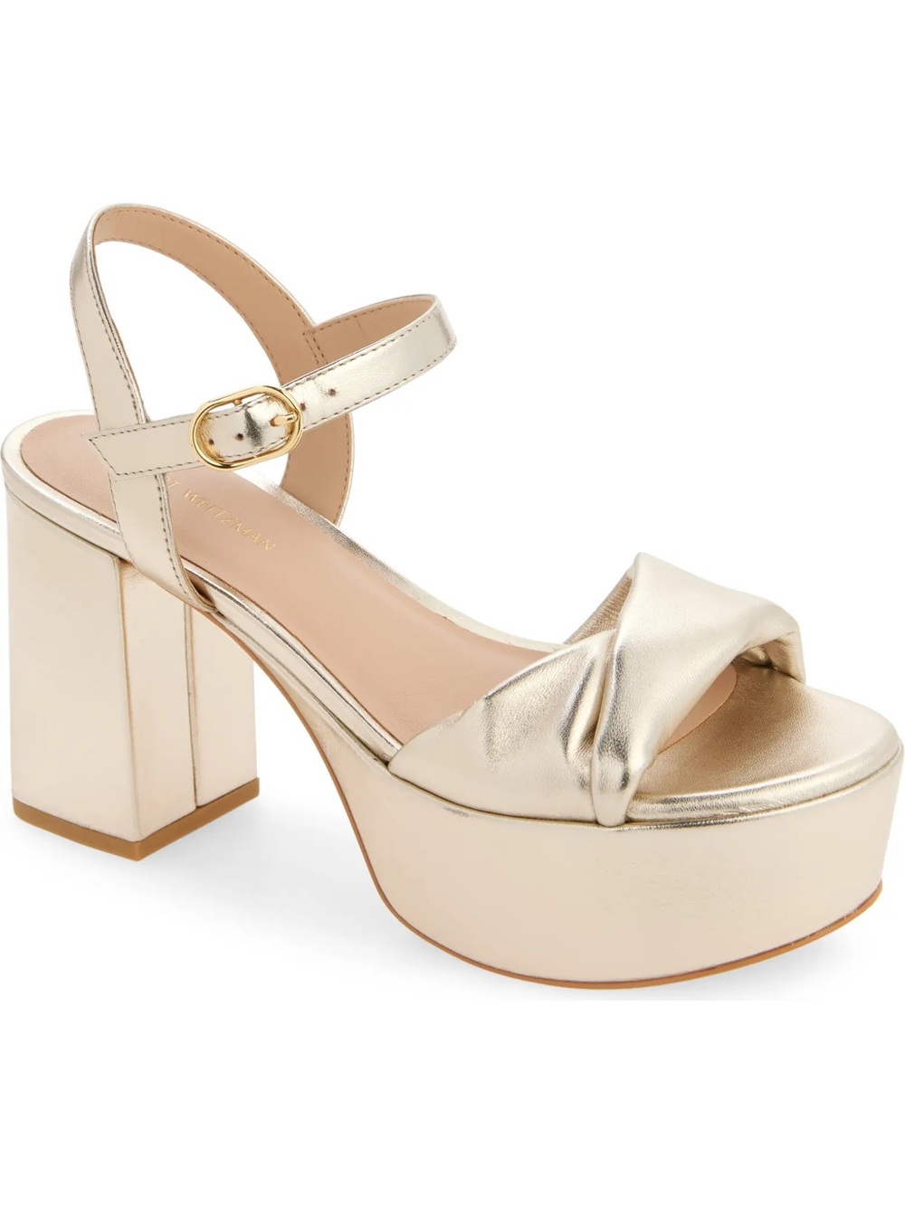 Stuart Weitzman Everly Block Heel Platform Sandal Platinum Metallic leather